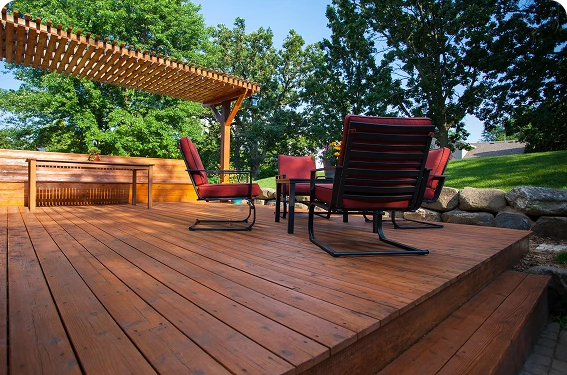 Wooden Deck with red chairs